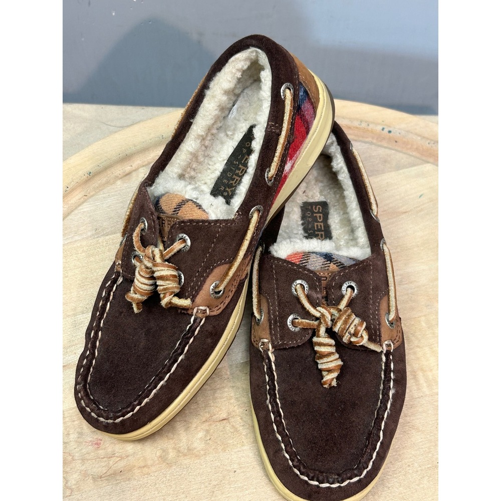 Sperry Top-Sider Brown Suede Plaid Faux Fur Lined Boat Shoes 6M‎ 9849043